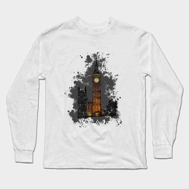 Big Ben with splatter, Tower of London at night, England. Long Sleeve T-Shirt by PocketRoom